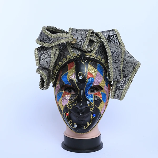 Full Face Colored Black Carnival Jester Masquerade Mask with top Design