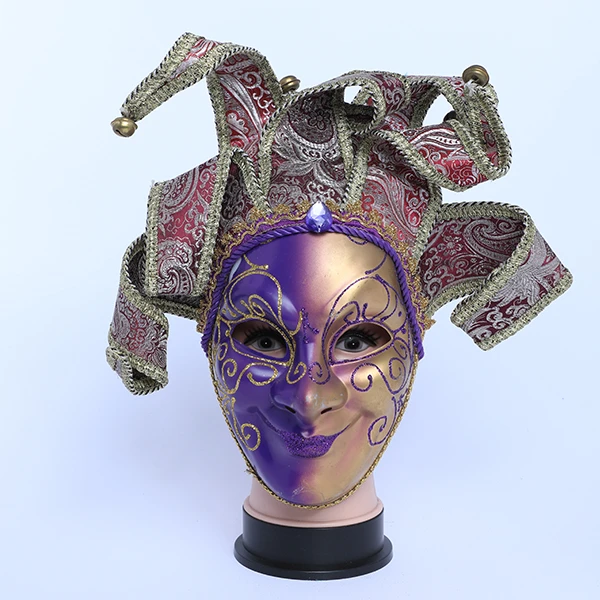 Full Face Gold & Purple Carnival Jester Masquerade Mask with top Design