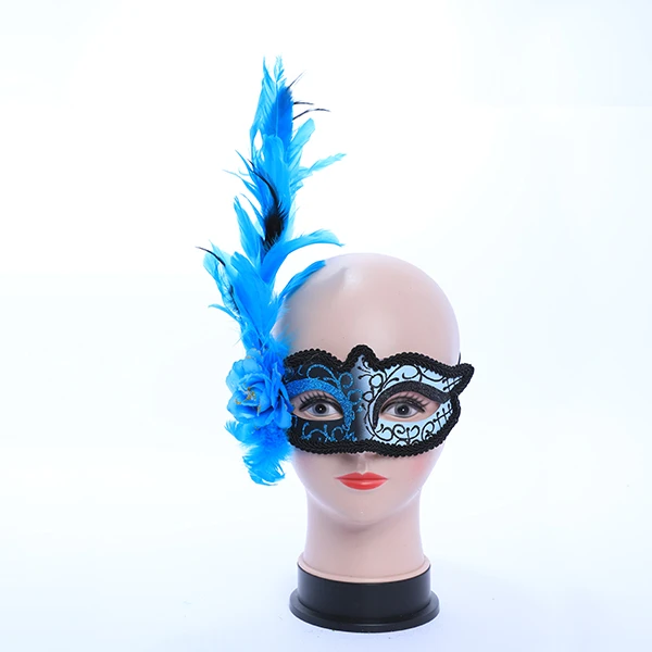 Blue & Gluittered Black Masquerade Mask with Side Feather