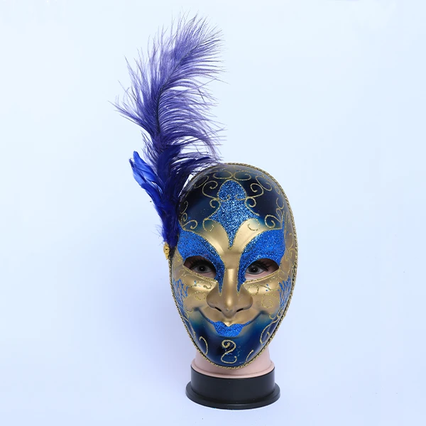 Full Face Gold & Dark Blue Carnival Jester Masquerade Mask with Side Feather
