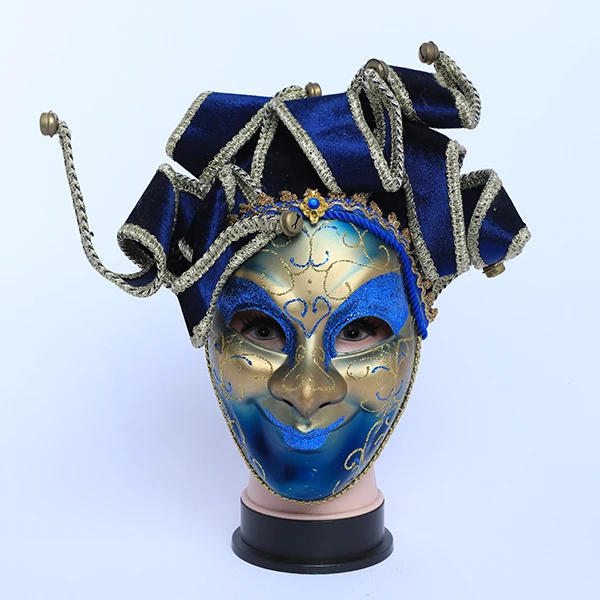 Full Face Gold & Blue Carnival Jester Masquerade Mask with top Design