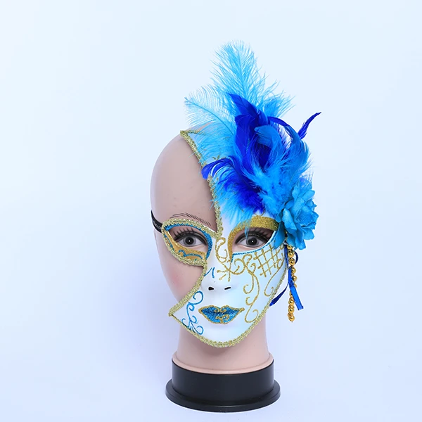 Half Face Blue & White Jester Masquerade Mask with side Feather