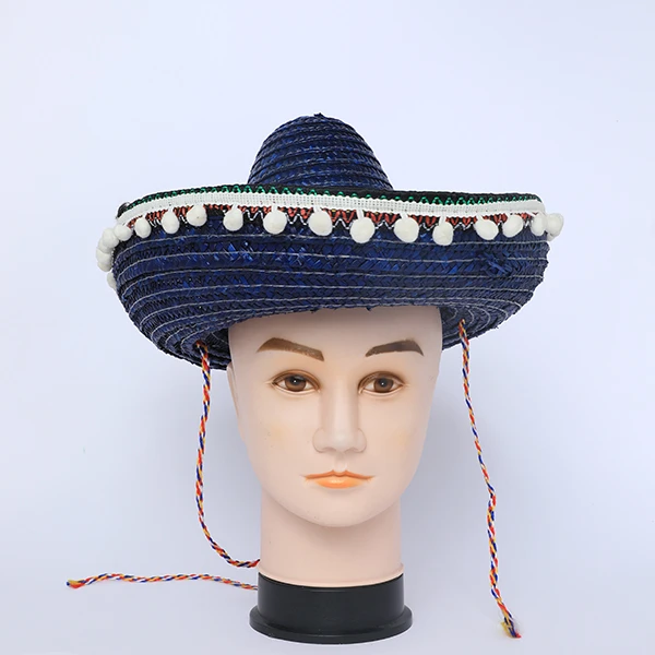 Small Straw Festival Black Mexican Party Hat with White Pompom