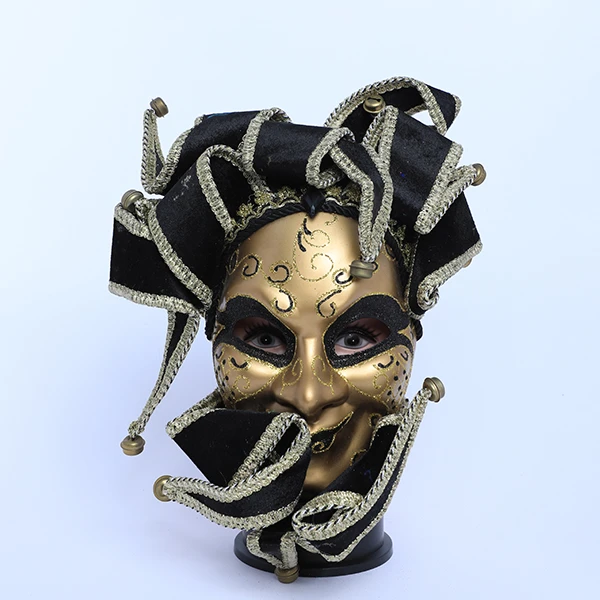 Full Face Gold & Black Carnival Jester Masquerade Mask with top Design and neck