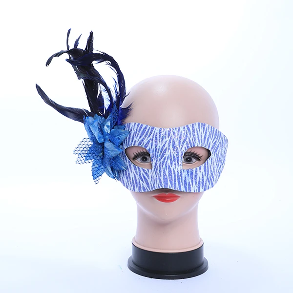 Shiny White & Blue Designed Leather Mask with side Feather and Rose