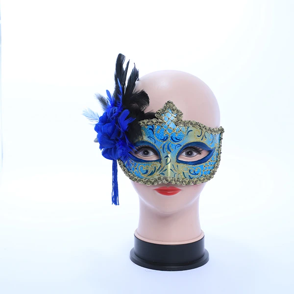 Blue & Gold Shaped Masquerade Mask with Side Rose