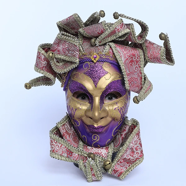 Full Face Gold & Purple Carnival Jester Masquerade Mask with top Design and neck