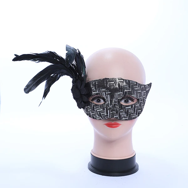 Black & Silver V-shaped Mask with side Feather and Rose