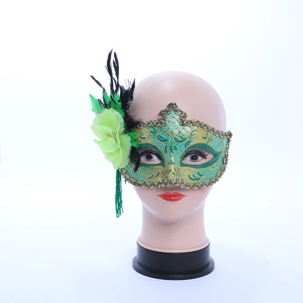 Green & Gold Shaped Masquerade Mask with Side Rose