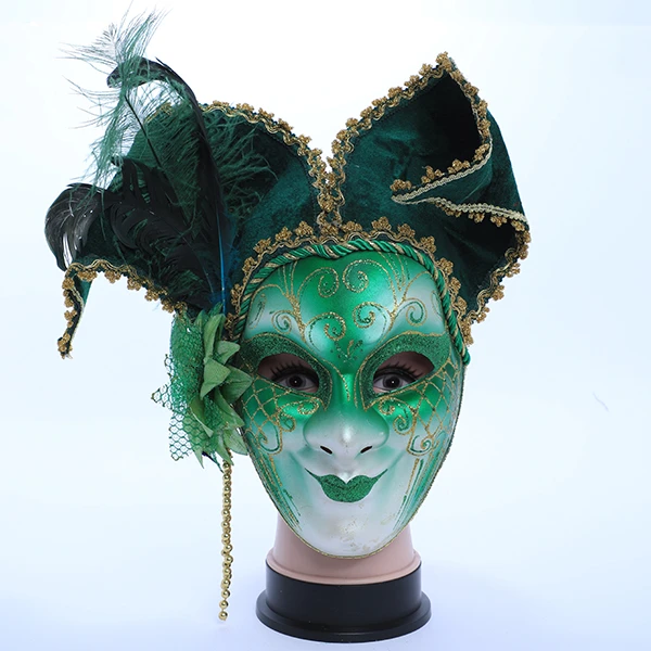 Full Face Green & White Carnival Jester Masquerade Mask with Top