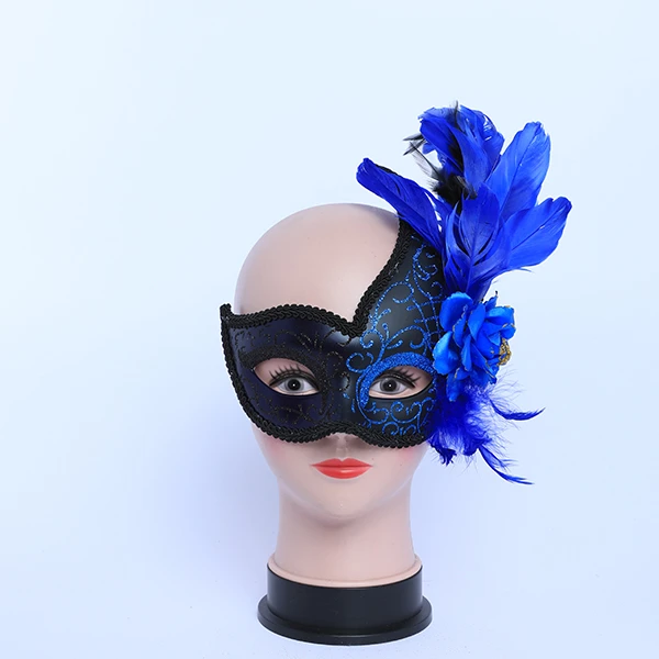 Black & Dark Blue Carnival Jester Masquerade Mask with side Design and Feather