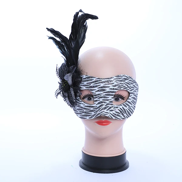 Shiny White & Black Designed Leather Mask with side Feather and Rose