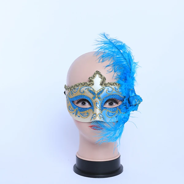 Blue & Gold Carnival Jester Masquerade Mask with side Feather