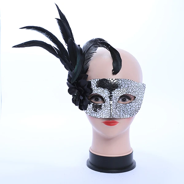 Shiny Silver Designed Mask with side Feather and Rose