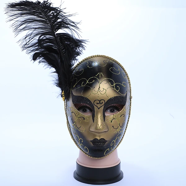 Full Face Black & Gold Carnival Jester Masquerade Mask with Side Feather