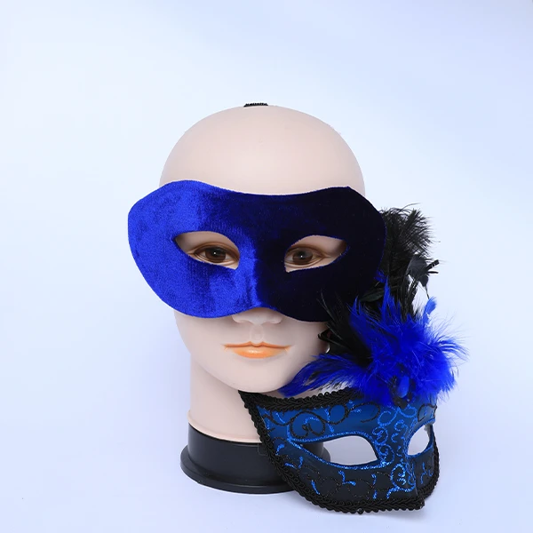 Couple Masks Set- 2 Dark Blue Velvet Masks (Women Mask Designed with side Black Feather)