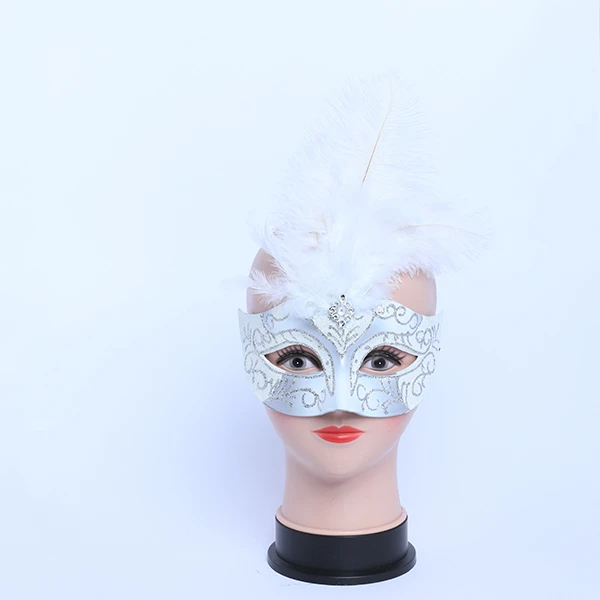White Carnival Jester Masquerade Mask with Middle Long Feather