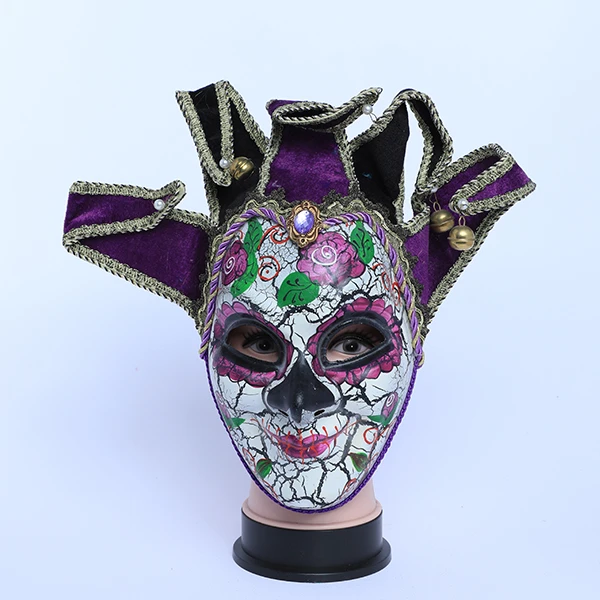 Full Face White & Purple Horror Carnival Jester Masquerade Mask with top Design