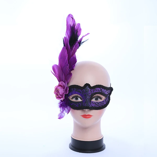 Purple & Gluittered Black Masquerade Mask with Side Feather