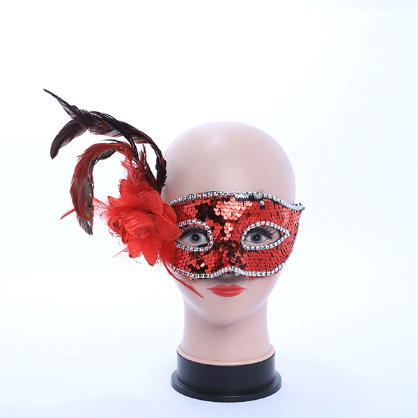 Red Paillette Mask with Side Feather and Rose
