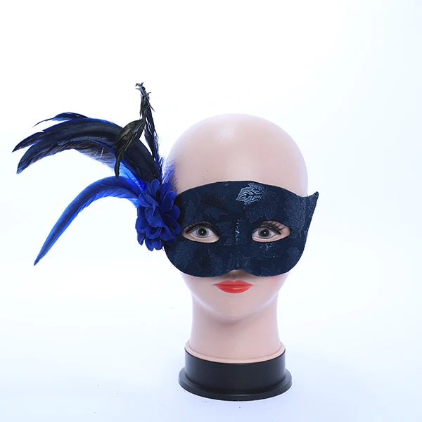 Shiny Dark Blue Velvet Mask with Side Feather