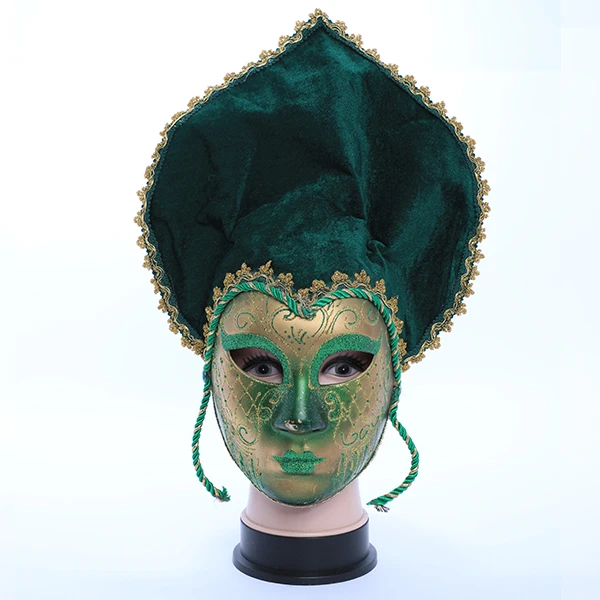 Full Face Green & Gold Carnival Jester Masquerade Mask with Top