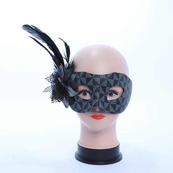 Black & Grey Designed Mask with side Feather and Rose