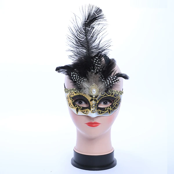 Black & White Masquerade Mask with Middle Feather and Gold Gluitter