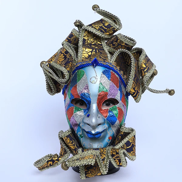Full Face Colored Silver Carnival Jester Masquerade Mask with top Design and Neck
