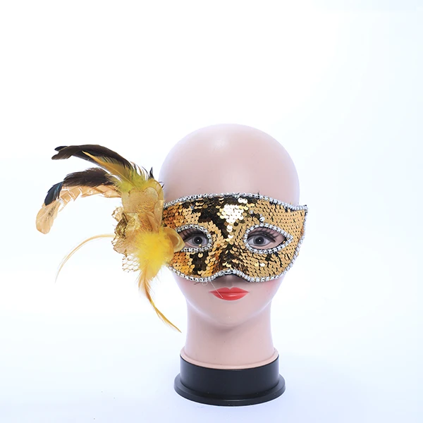 Gold Paillette Mask with Side Feather and Rose