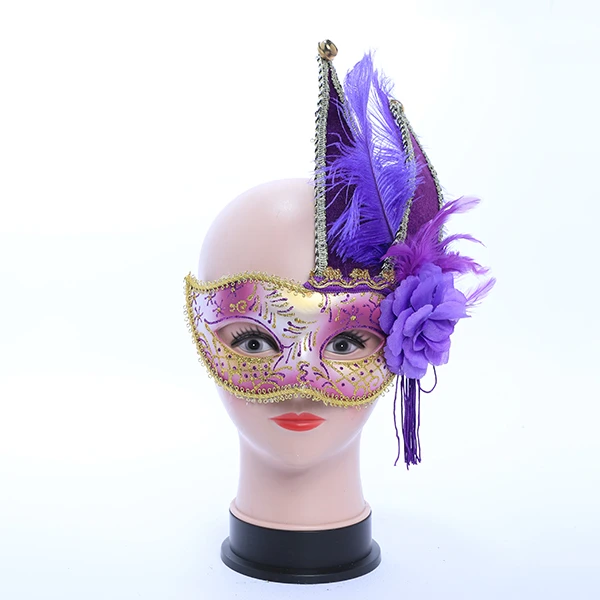 Purple & Gold Carnival Jester Masquerade Mask with side Design and Rose
