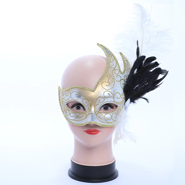 White & Gold Masquerade Mask with side Design and Feather