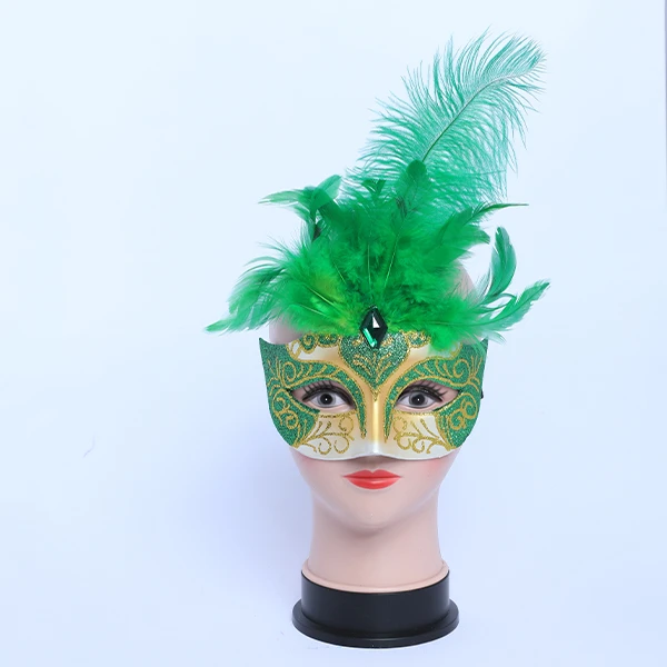 Green & Gold Carnival Jester Masquerade Mask with Middle Long Feather