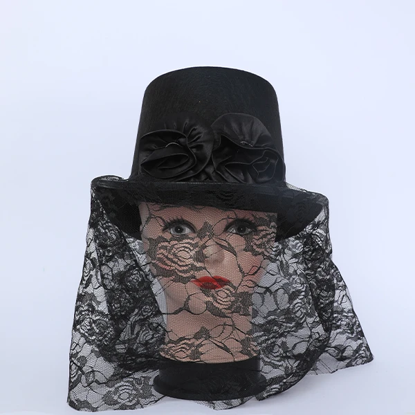Black Hat with Dentelle Face Cover with Bond Designed with Black Flowers