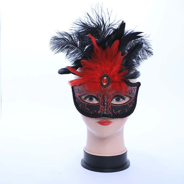 Gluittered Red Masquerade Mask with Middle Feather