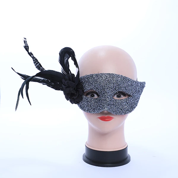 Thick Gluittered Dark Grey Mask with side Feather